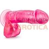 Dildo rosa semi transparente con testiculos y sopapa